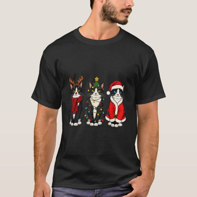 Retro Christmas Tuxedo Cat Santa Reindeer  T Shirt (Framsida)
