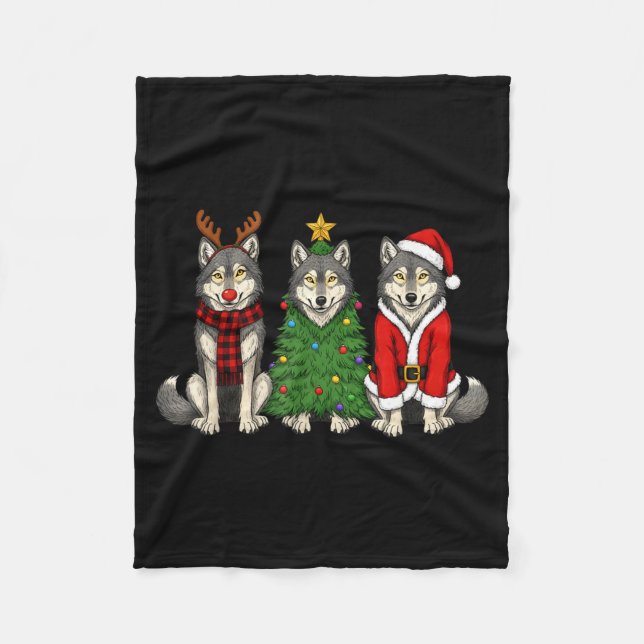 Retro Christmas Wolf Santa Reindeer  Fleecefilt (Framsidan)