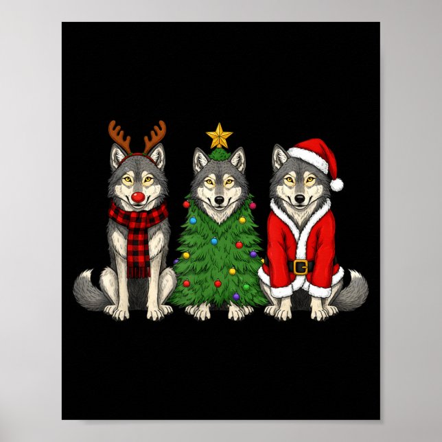 Retro Christmas Wolf Santa Reindeer  Poster (Framsidan)