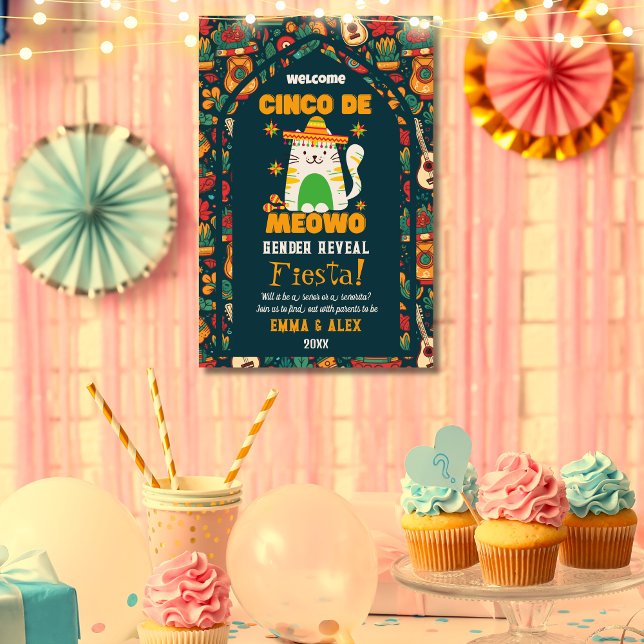 Retro Cinco De Mayo Cute Cat Gender Reveal Välkomm Fototryck (Skapare uppladdad)