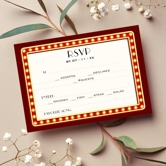 Retro Cinema Movie Theater Marquee Sign Bröllop OSA Kort (Retro Cinema Movie Theater Marquee Sign Wedding RSVP Card)