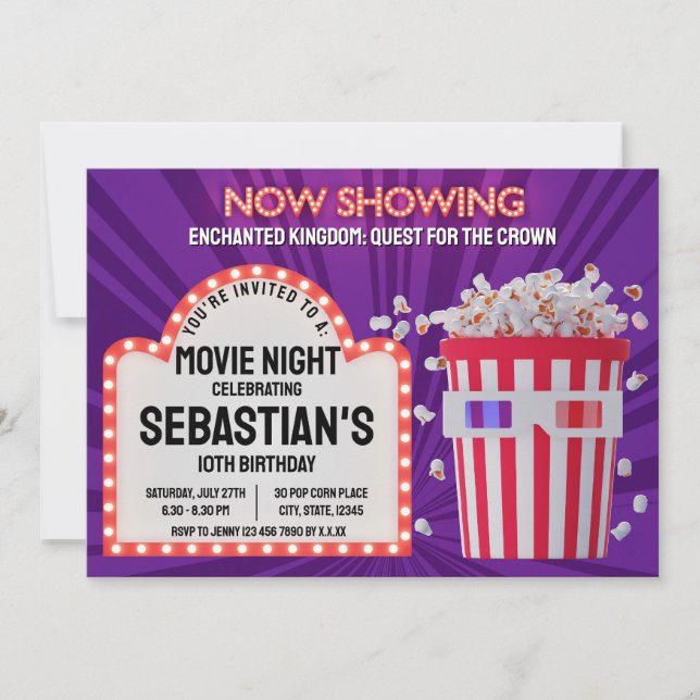 Retro Cinema Sign och Popcorn Birthday Movie Night Inbjudningar (Framsida)