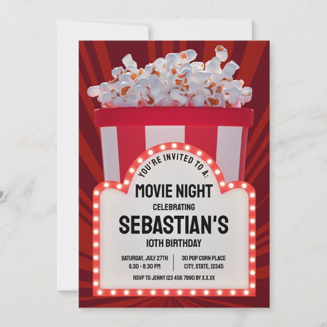 Retro Cinema Sign och Popcorn Birthday Movie Night Inbjudningar (Framsida)