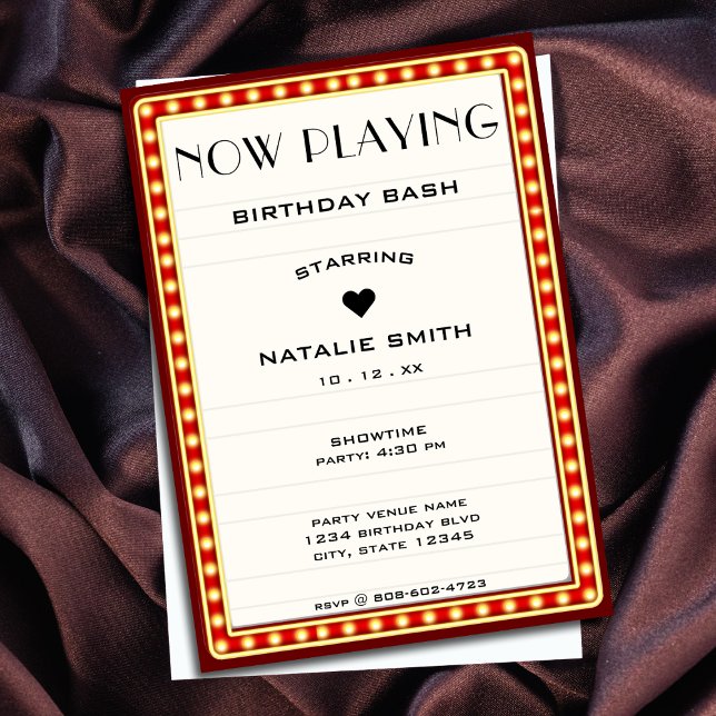 Retro Cinema Theater Marquee Sign Red Birthday Inbjudningar (Retro Cinema Theater Marquee Sign Red Birthday Invitation)