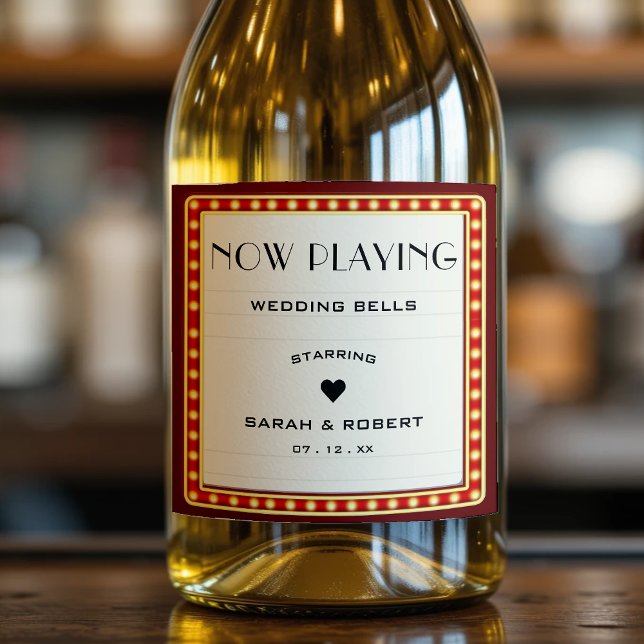 Retro Cinema Theater Marquee Sign Red Bröllop (Retro Cinema Theater Marquee Sign Red Wedding Sparkling Wine Label
)