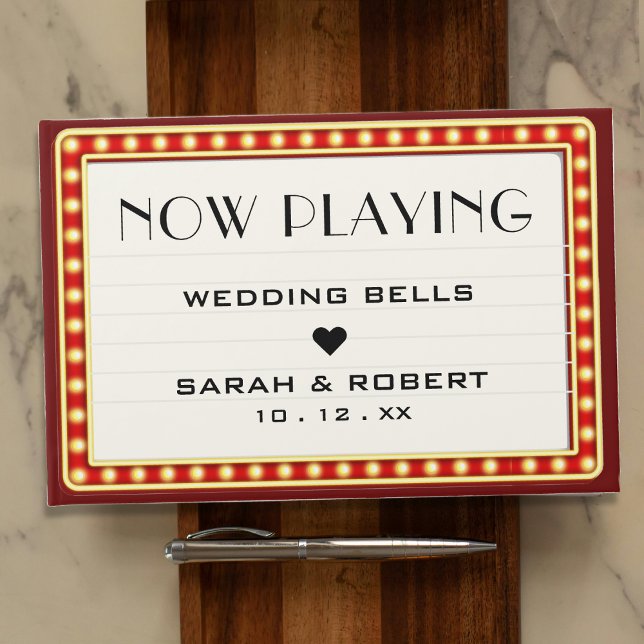 Retro Cinema Theater Marquee Sign Red Bröllop Gästböcker (Retro Cinema Theater Marquee Sign Red Wedding Guest Book)