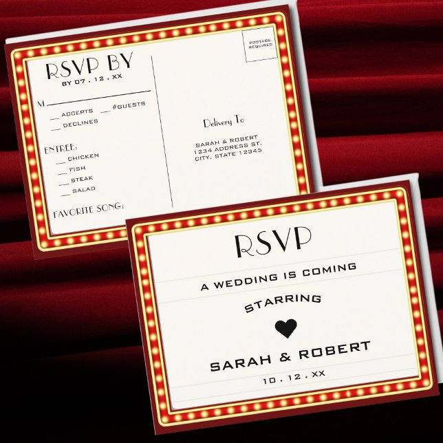 Retro Cinema Theater Marquee Sign Red Bröllop OSA Vykort (Retro Cinema Theater Marquee Sign Red Wedding RSVP Postcard)