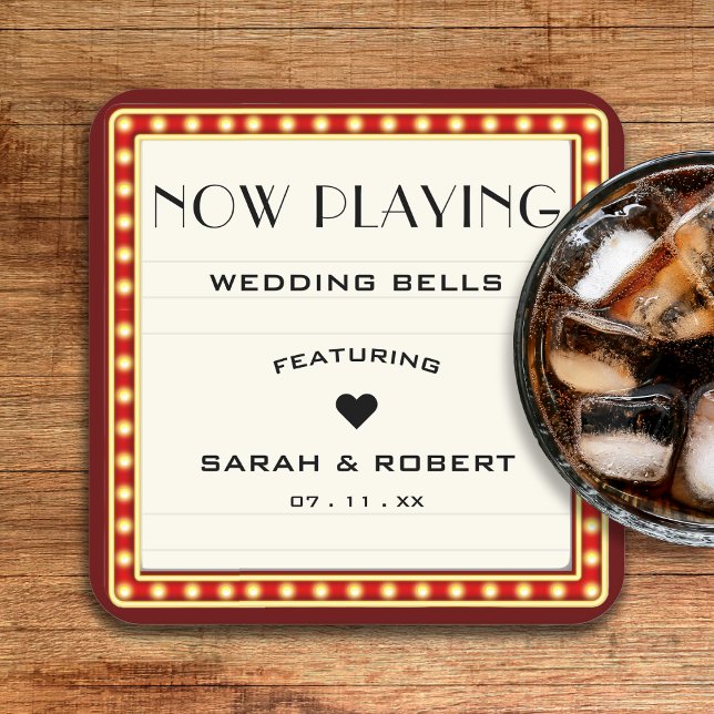 Retro Cinema Theater Marquee Sign Red Bröllop Underlägg Papper Kvadrat (Retro Cinema Theater Marquee Sign Red Wedding Square Paper Coaster
)