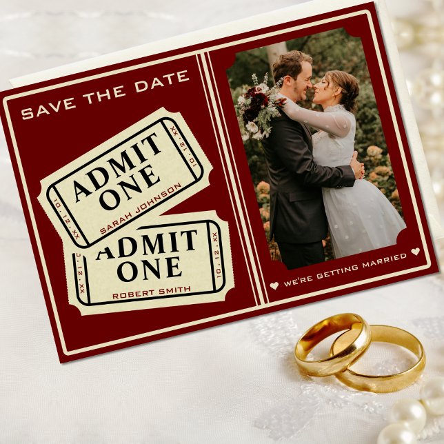 Retro Cinema Theater tar upp en Biljett Stub Bröll Spara Datumet (Retro Cinema Theater Admit One Ticket Stub Wedding Save The Date)
