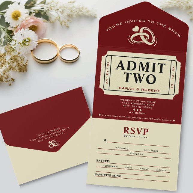 Retro Cinema Theater tar upp två Biljett Bröllop (Retro Cinema Theater Admit Two Ticket Wedding All In One Invitation)