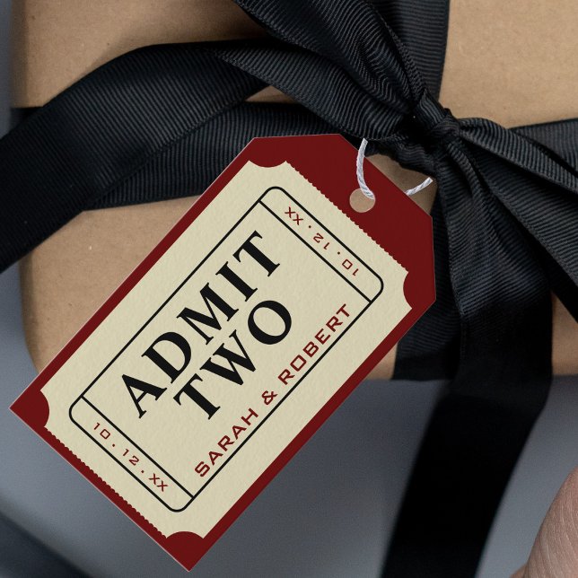 Retro Cinema Theater tar upp två Biljett Bröllop Presentetikett (Retro Cinema Theater Admit Two Ticket Wedding Gift Tags)