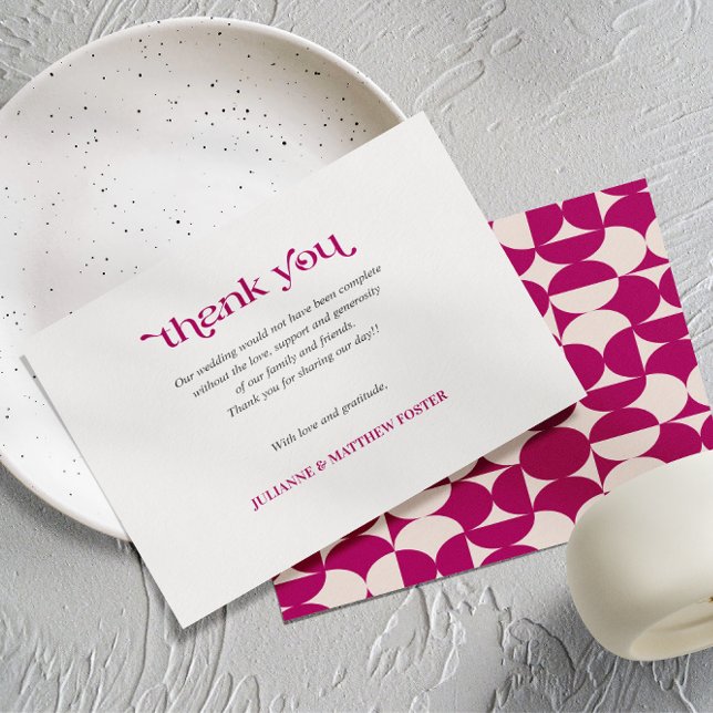 Retro Circle Scallop Mid Century Lila BRÖLLOP Tack Kort (Wedding Thank you card with purple vintage inspired bold pattern Mid century modern geometric)