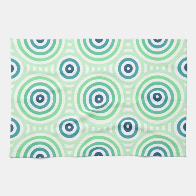 Retro Circular Geometric Mönster i Grönt och blå Kökshandduk (Horisontell)