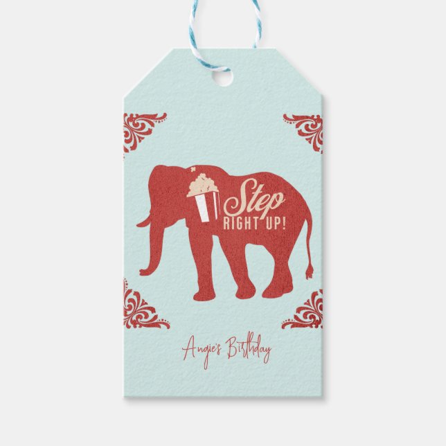 Retro Cirkus Elefant Popcorn Födelsedagsfest     Presentetikett (Framsidan)