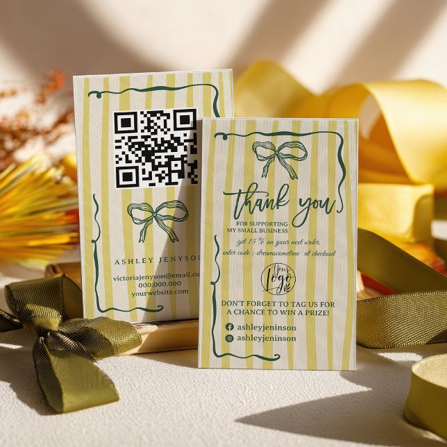 Retro Citrus Green Bow Logo QR Thank You Order Visitkort (Retro Citrus Green Bow Logo QR Thank You Order Business Card)