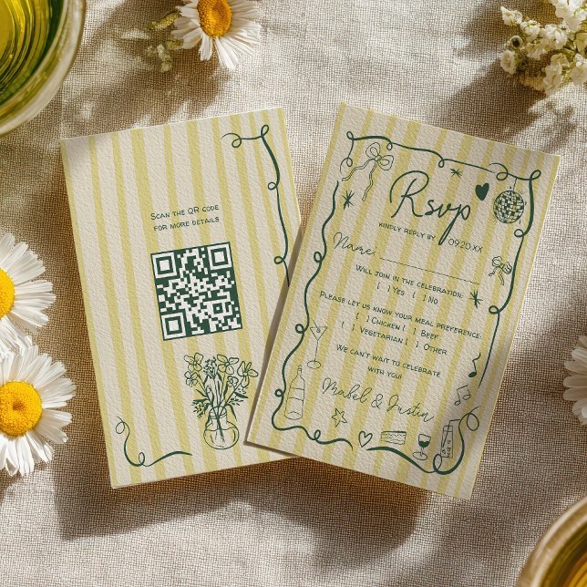 Retro Citrus Green hand drawn wedding QR OSA Kort (Retro Citrus Green hand drawn wedding QR RSVP Card)