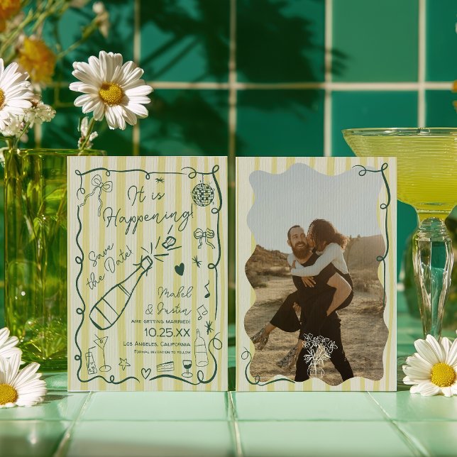 Retro Citrus Grön handritad fotobryllop Spara Datumet (Retro Citrus Green hand drawn photo wedding Save The Date)