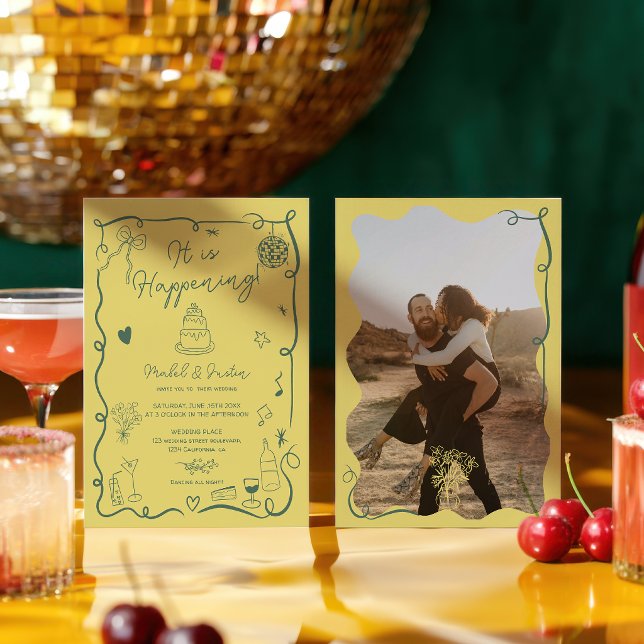 Retro citrus handritad illustrerad foto bröllop inbjudningar (Retro citrus hand drawn illustrated photo wedding invitation)