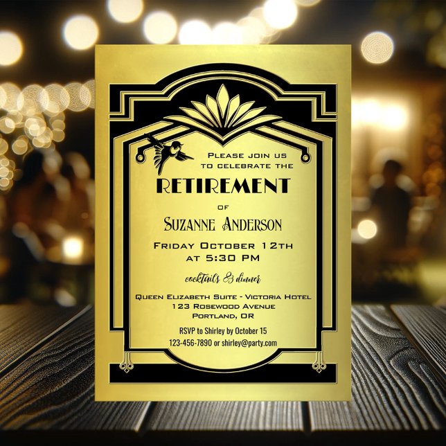 Retro Classic Black Guld Art Deco Pension Party Inbjudningar (Retirement party invitation featuring a classic retro black and gold design in art deco style)