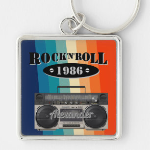 Retro Classic boom box rock n roll Music vintage Fyrkantig Silverfärgad Nyckelring