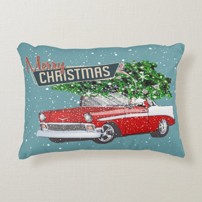 Retro Classic Car God jul Gott nytt år Prydnadskudde (Framsidan)