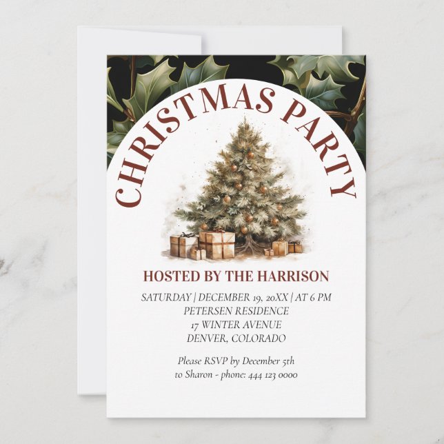 Retro Classic Cute Watercolor Guld Julgran Inbjudningar (Framsida)