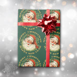 Retro Classic Santa and Wandan Guld Presentpapper<br><div class="desc">Den här julklappen har en underbar vintage porträtt i Jultomten, kompletterad med hans traditionella röda och vita strumplock och bushyvita skägg. Han bär en gryning med ett rött bär. Porträtt är omgivet av en utandning av gräs nål på grund av grönten av skogen. Halva cirkeln glitter guld längst upp säger...</div>