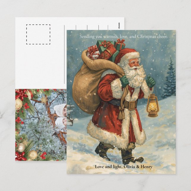 Retro Classic Santa Claus Custom Photo Christmas Helg Vykort (Fram/baksida)