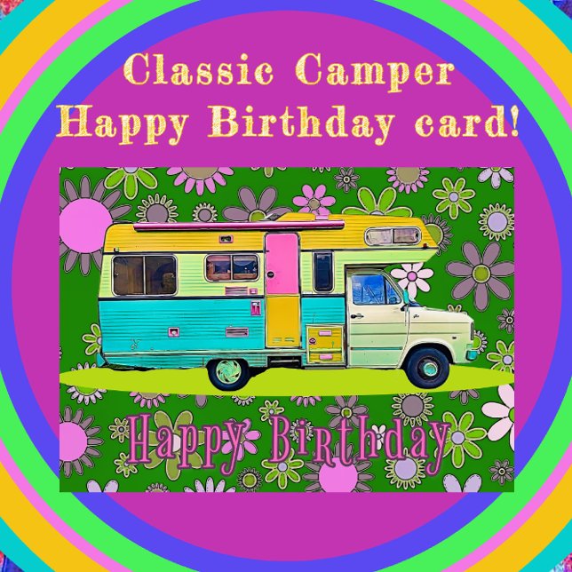 Retro Coach Camper och Mod Flowers Grattis på föde Kort (Skapare uppladdad)