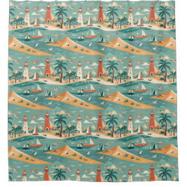 Retro Coastal Beach Shower Curtain