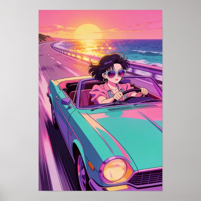 Retro Coastal Drive 90s Anime Sunset Poster (Framsidan)