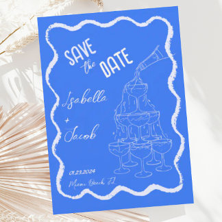 Retro Cobalt Blue Champagne Torn Spara datumet Inbjudningar