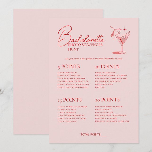 Retro Cocktail Bachelorette Game Scavenger Hunt Inbjudningar (Fram/baksida)