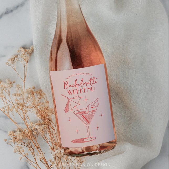 Retro Cocktail Bachelorette Helg Itinerary Vinflaska Etikett (Skapare uppladdad)