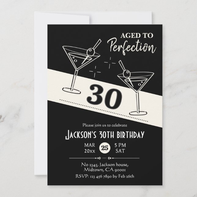 Retro cocktail Black & white martini 30års födelse Inbjudningar (Framsida)