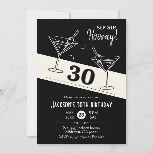 Retro cocktail Black & white martini 30års födelse Inbjudningar (Framsida)