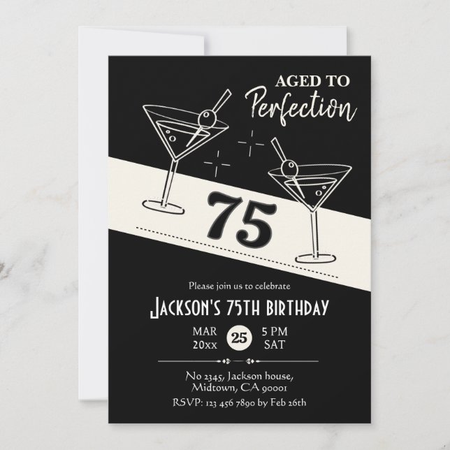 Retro cocktail Black & white martini 75:e Birthday Inbjudningar (Framsida)