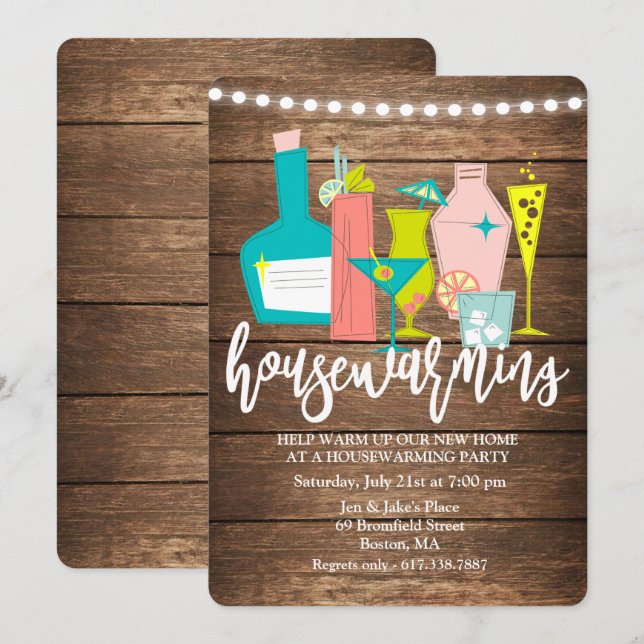 Retro Cocktail Drinks Houseuppvärmningsinbjudan Inbjudningar (Fram/baksida)