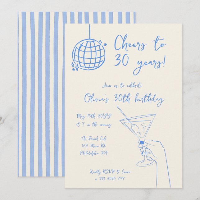 Retro Cocktail Födelsedagsfest randig inbjudan (Fram/baksida)