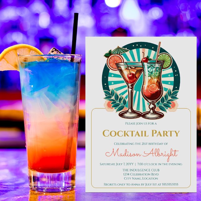 Retro Cocktail Party Inbjudningar (Retro cocktail party invitation front view.)