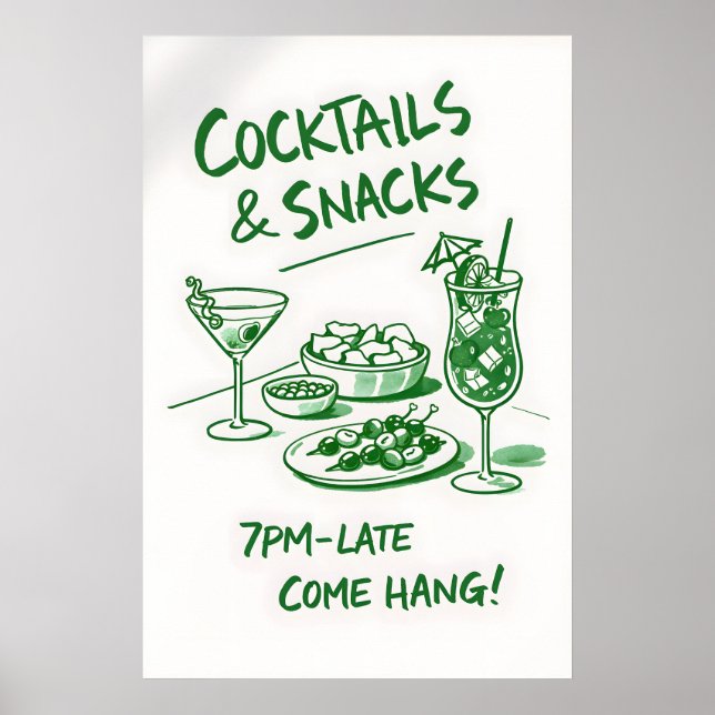 Retro Cocktail & Snacks Affisch, Minimalistisk Bar Poster (Framsidan)