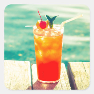 Retro cocktail sunset bassäng pub fyrkantigt klistermärke