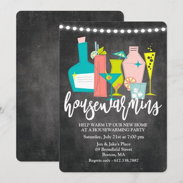 Retro Cocktaildrycker Inflyttningsfest Inbjudan (Fram/baksida)