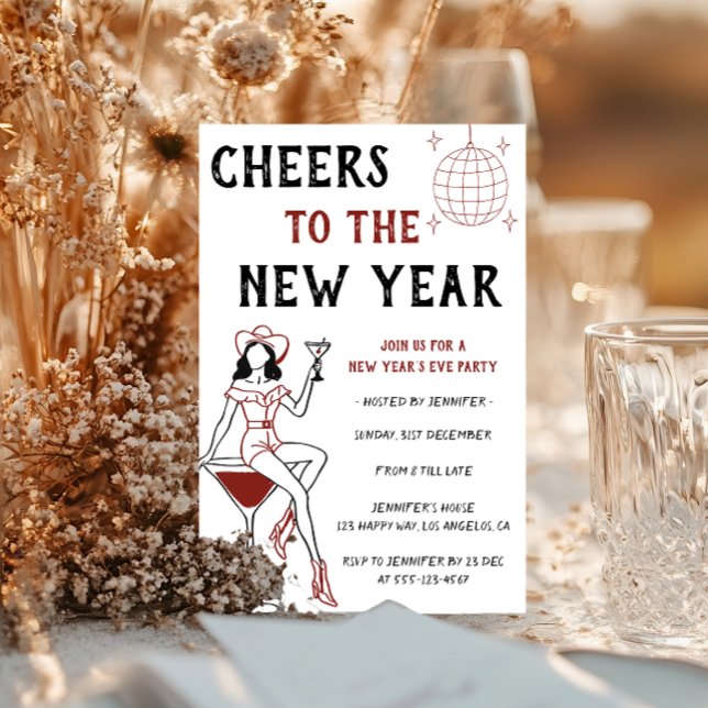 Retro Cocktailflicka skålar för nyårsfirande Inbjudningar (Skapare uppladdad)