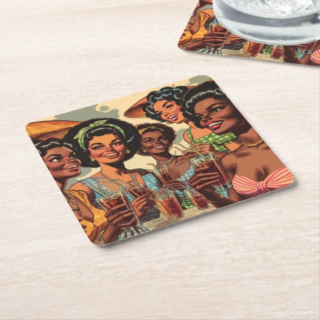 Retro cocktailpartyflickor underlägg papper kvadrat (Vinklad)