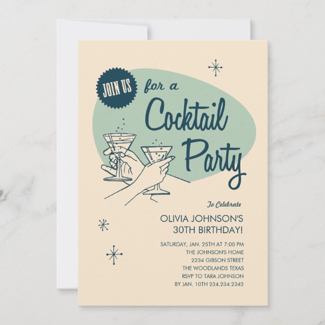Retro cocktailpartyinbjudningar inbjudningar (Front)