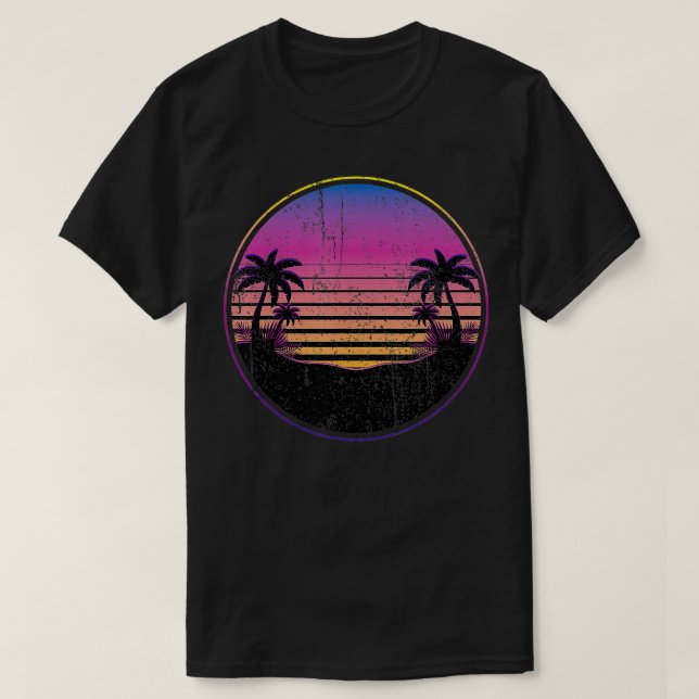 Retro Coconut Handflatan Träd Beach Sunset Tropica T Shirt (Design framsida)