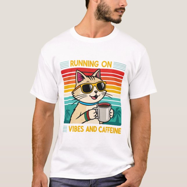 Retro Coffee Cat Vibes - Caffeine Älskare Manar T Shirt (Framsida)