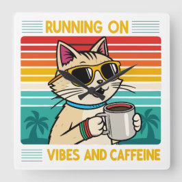 Retro Coffee Cat Vibes - Funny Caffeine Älskare Fyrkantig Klocka