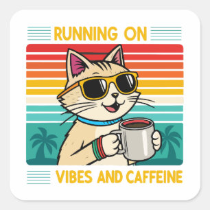 Retro Coffee Cat Vibes - Funny Caffeine Älskare Fyrkantigt Klistermärke